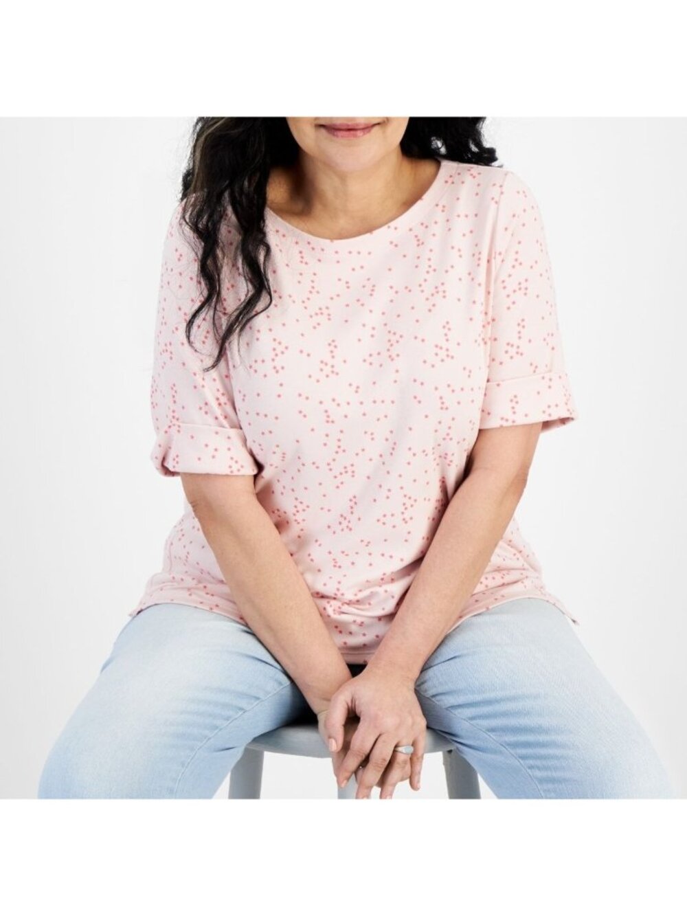 Style & Co Womens Printed Elbow-Sleeve Mini Star Top Pink Plus Size 3X NWT